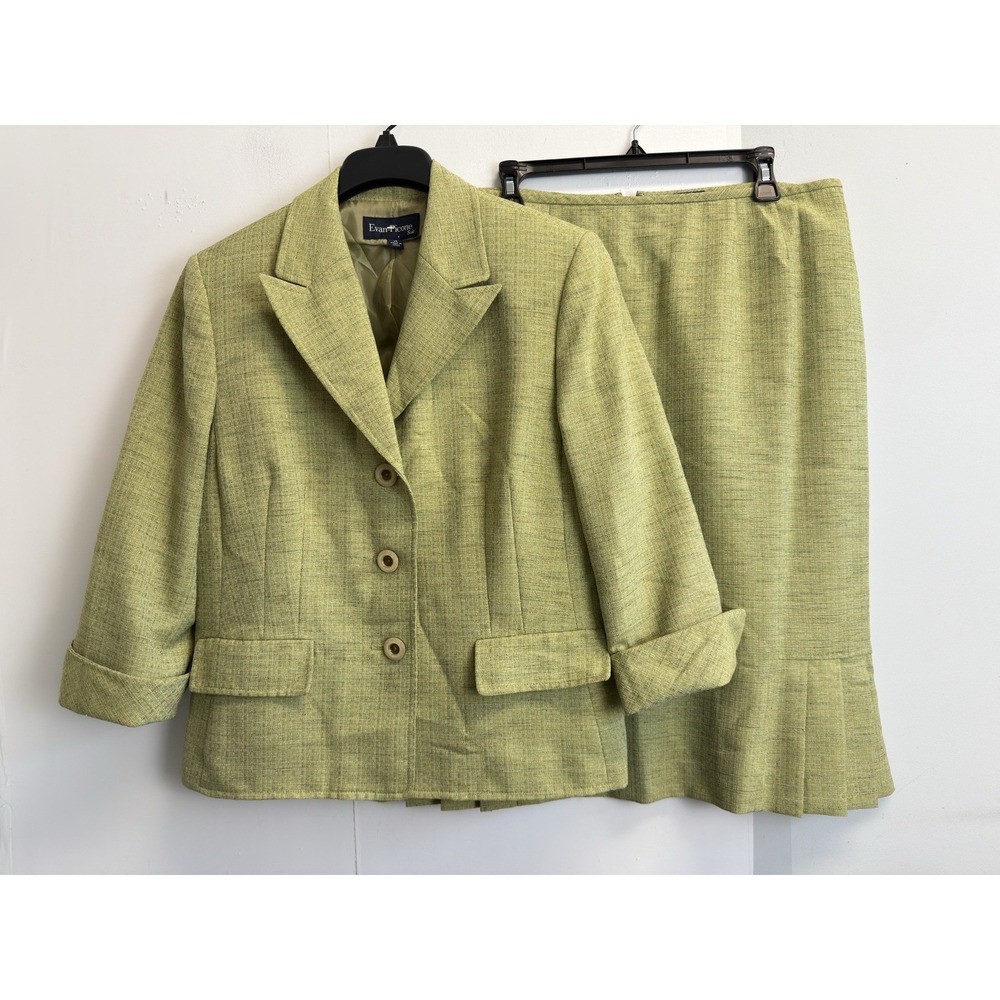 Vtg Evan Picone 2 Piece Skirt Suit Set Women's 14 Green Lined Pockets 90's